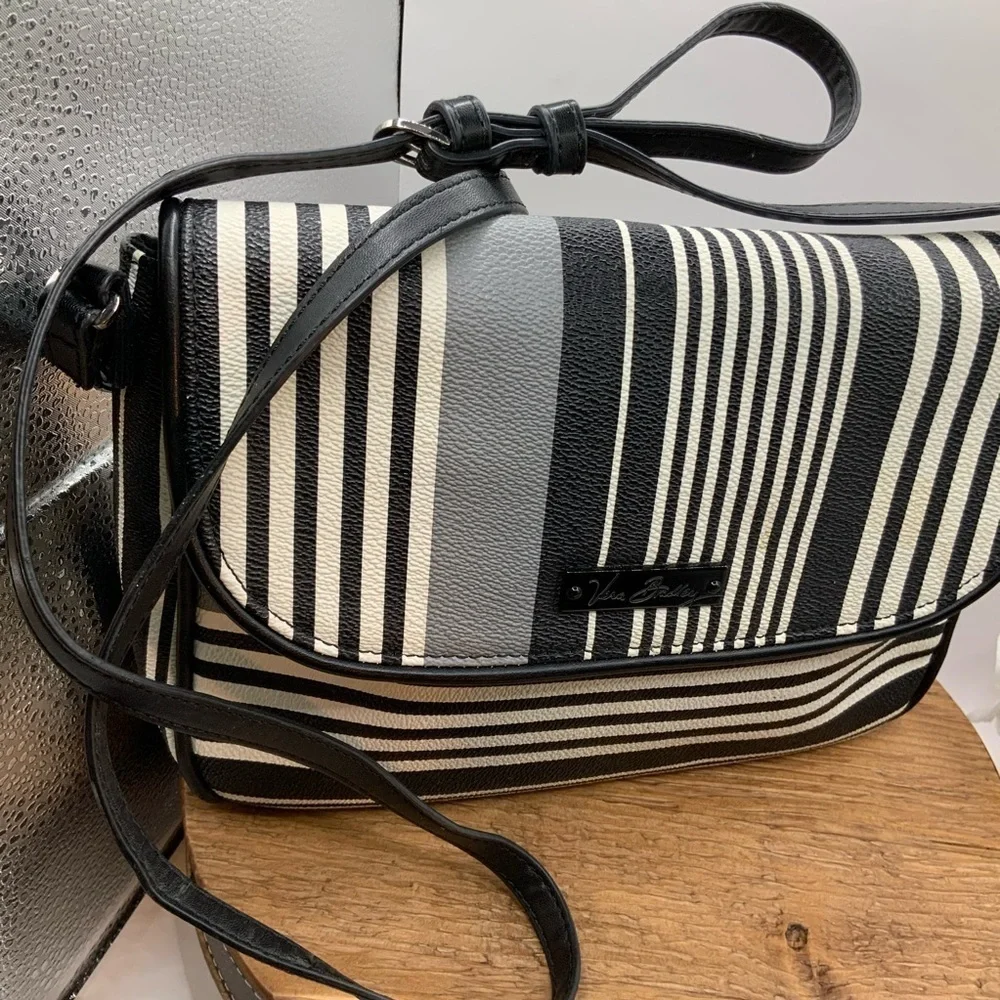 Vera Bradley Midnight Black White Gray Stripe Crossbody Bag Purse